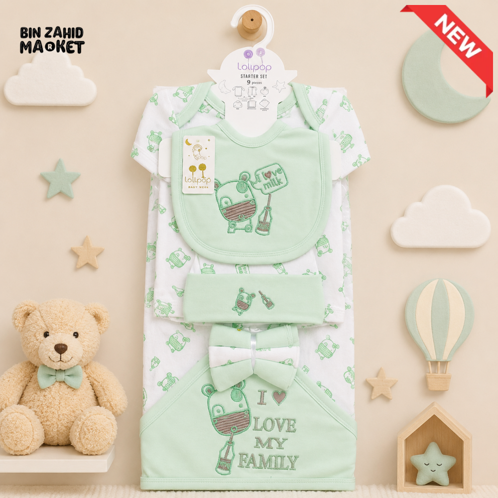 LOLYPOP 9 PCS NEWBORN BABY STARTER GIFT SET – I LOVE MY FAMILY EMBROIDERED DESIGN (MINT GREEN)