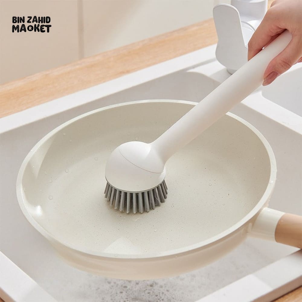 LONG HANDLE KITCHEN POT BRUSH WITH LIQUID DISPENSER – ROTATING DISHWASHING SCRUBBER FOR EASY CLEANING OF PANS & BOWLS