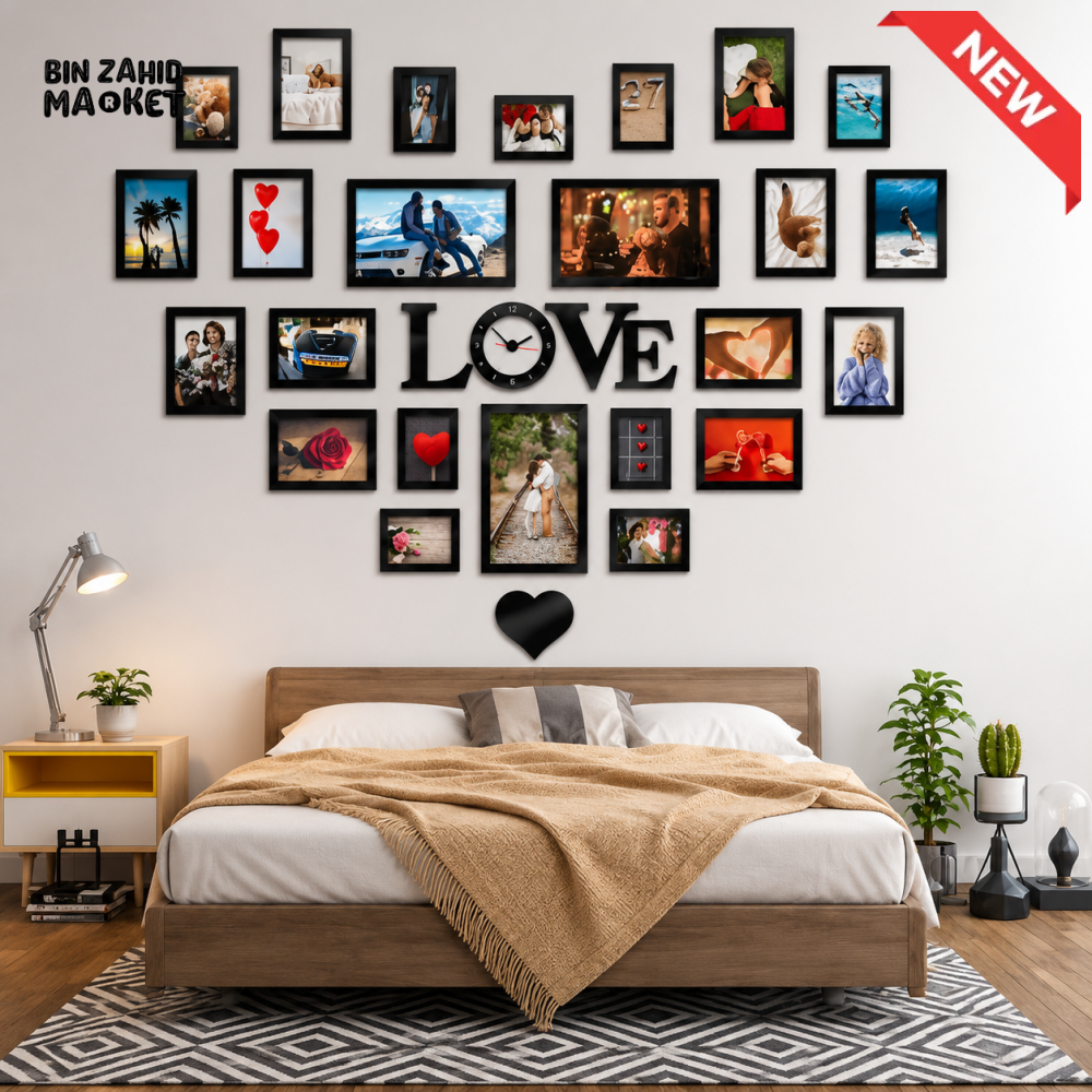 LOVE HEART PHOTO FRAME COLLAGE WALL CLOCK