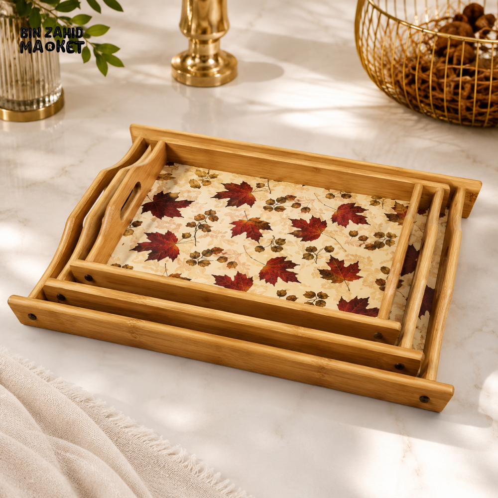 LUXEWOOD 3-PIECE RECTANGULAR WOODEN SERVING TRAY SET - AUTUMN MAPLE