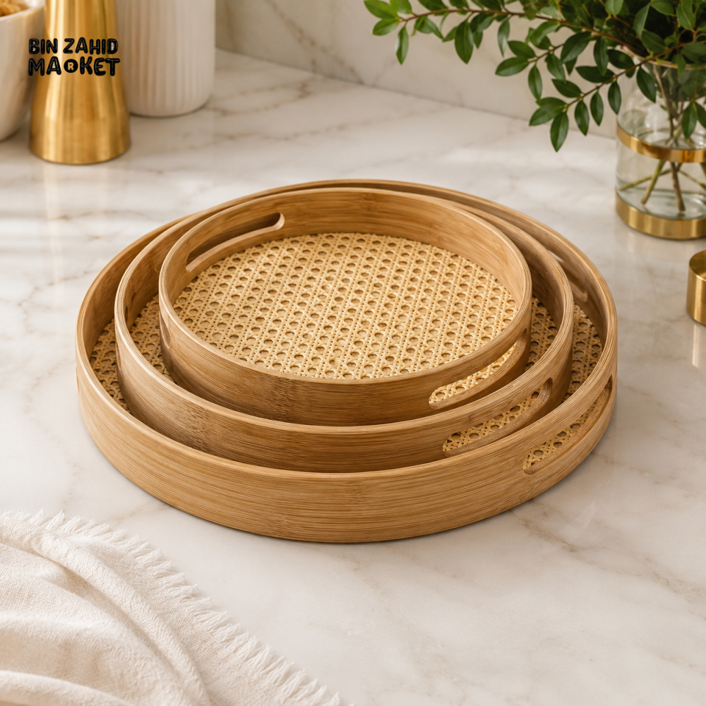LUXEWOOD 3-PIECE ROUND WOODEN SERVING TRAY SET