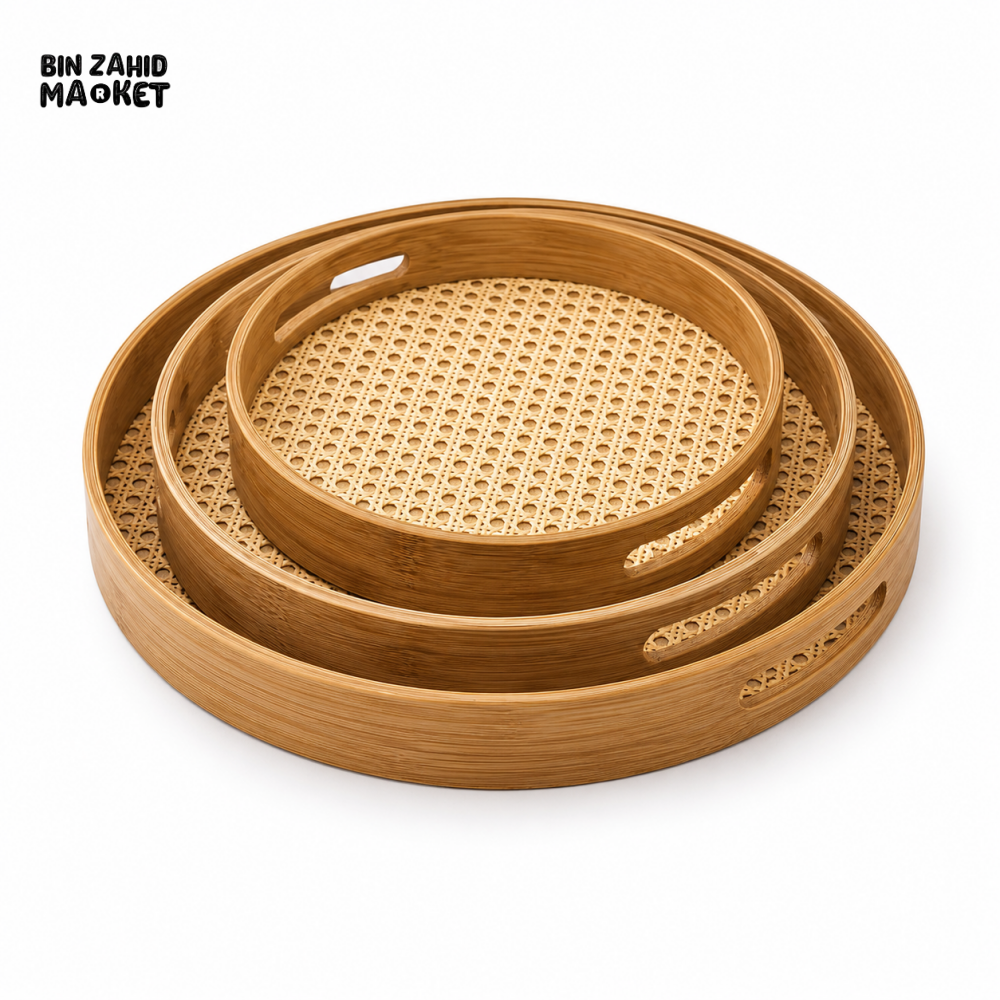 LUXEWOOD 3-PIECE ROUND WOODEN SERVING TRAY SET