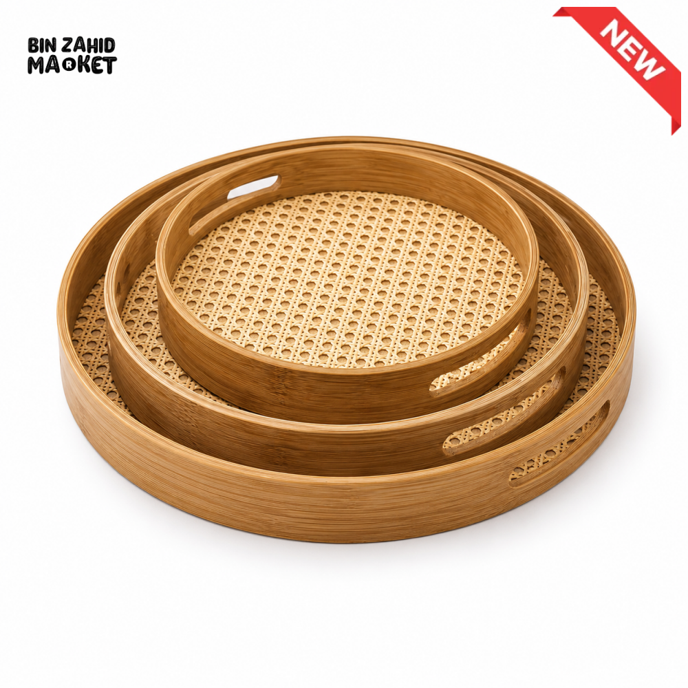 LUXEWOOD 3-PIECE ROUND WOODEN SERVING TRAY SET
