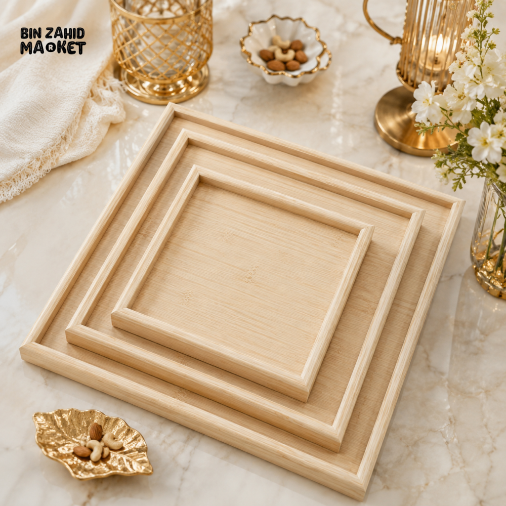 LUXEWOOD 3-PIECE WOODEN SERVING TRAY SET - BEIGE WOOD