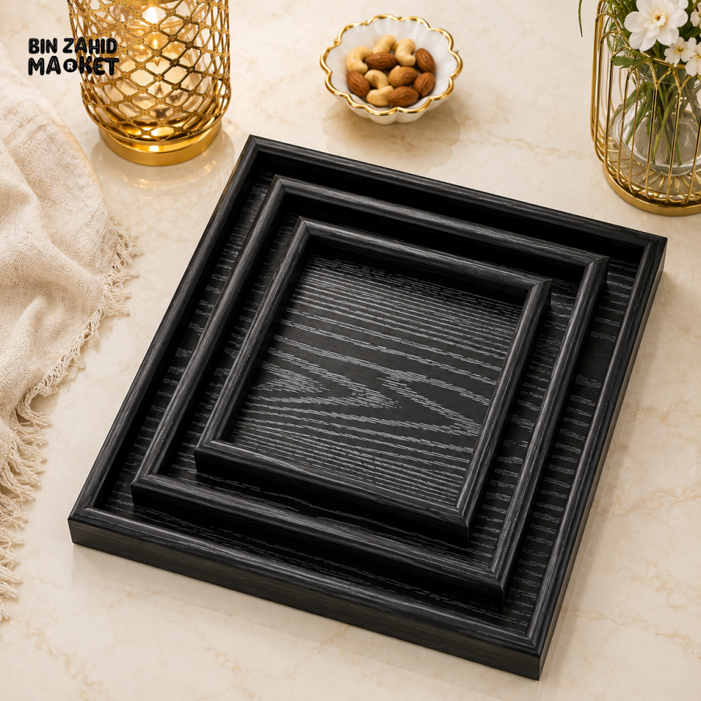 LUXEWOOD 3-PIECE WOODEN SERVING TRAY SET - BLACK WOOD