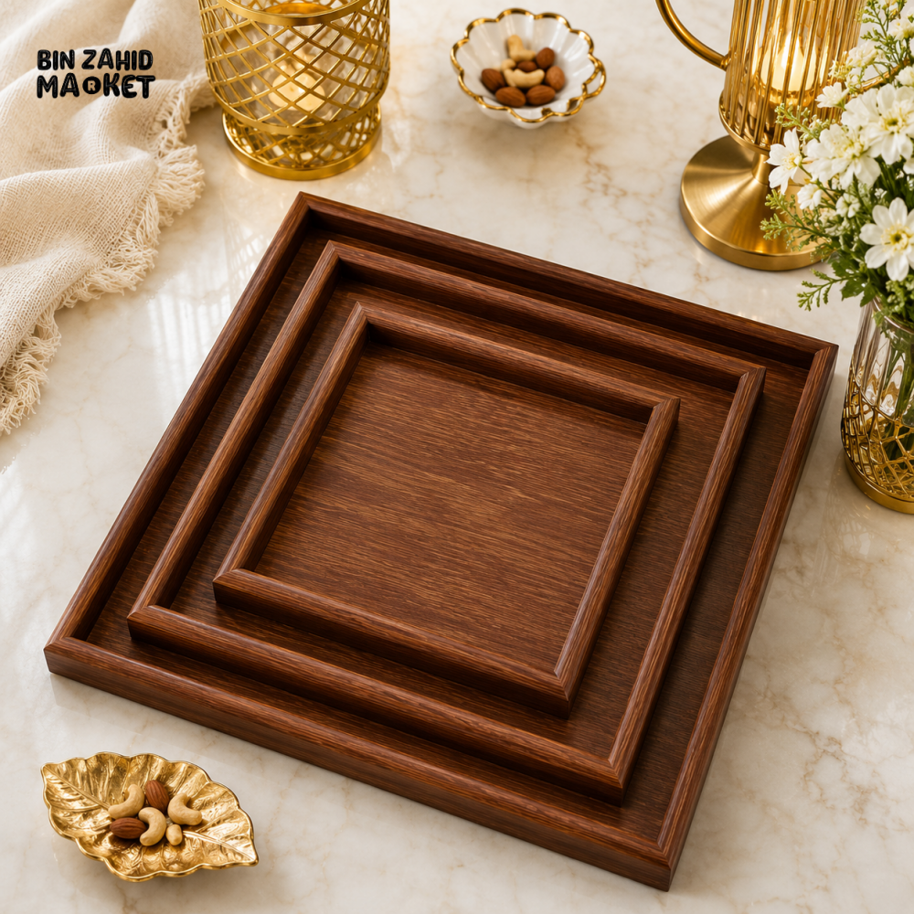 LUXEWOOD 3-PIECE WOODEN SERVING TRAY SET - MAHOGANY WOOD