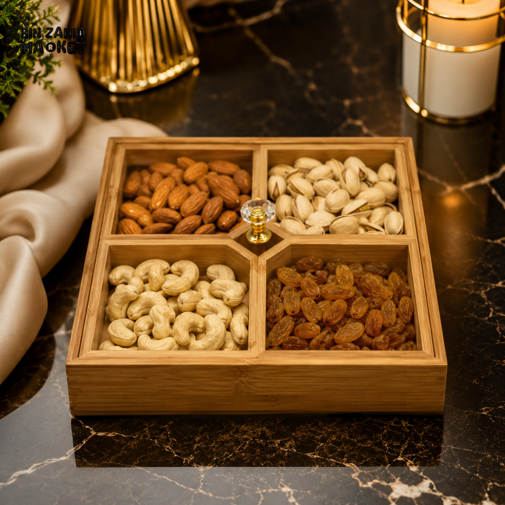 LUXEWOOD 4-COMPARTMENT WOODEN DRY FRUIT SERVING TRAY