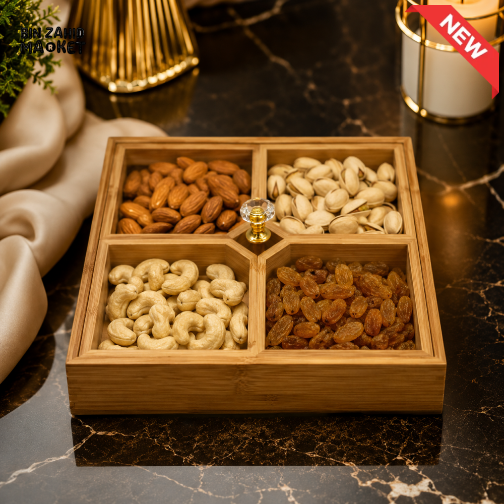 LUXEWOOD 4-COMPARTMENT WOODEN DRY FRUIT SERVING TRAY
