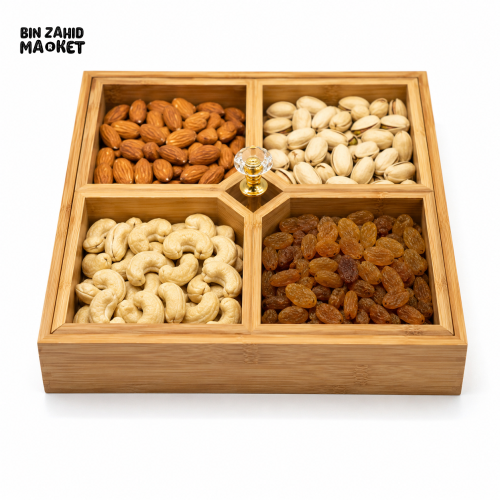 LUXEWOOD 4-COMPARTMENT WOODEN DRY FRUIT SERVING TRAY