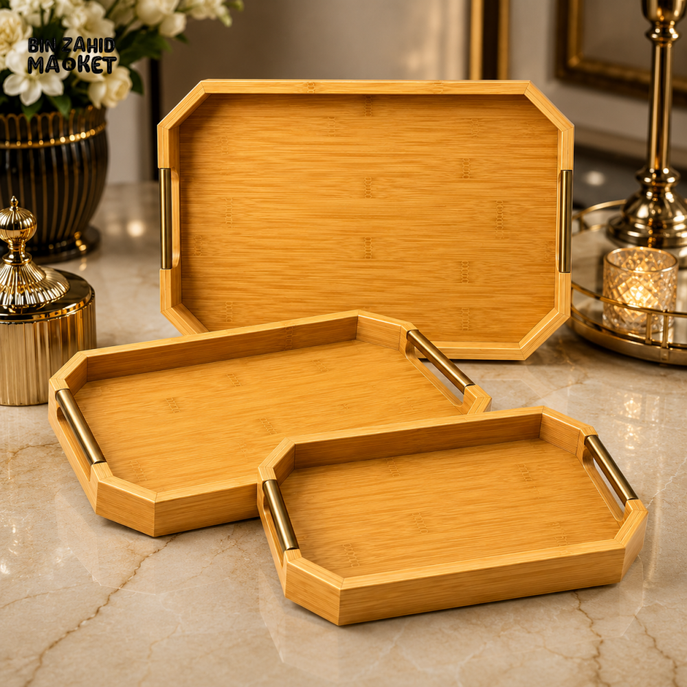 LUXEWOOD OCTAGONAL BAMBOO SERVING TRAY SET WITH METAL HANDLES 3 PIECES