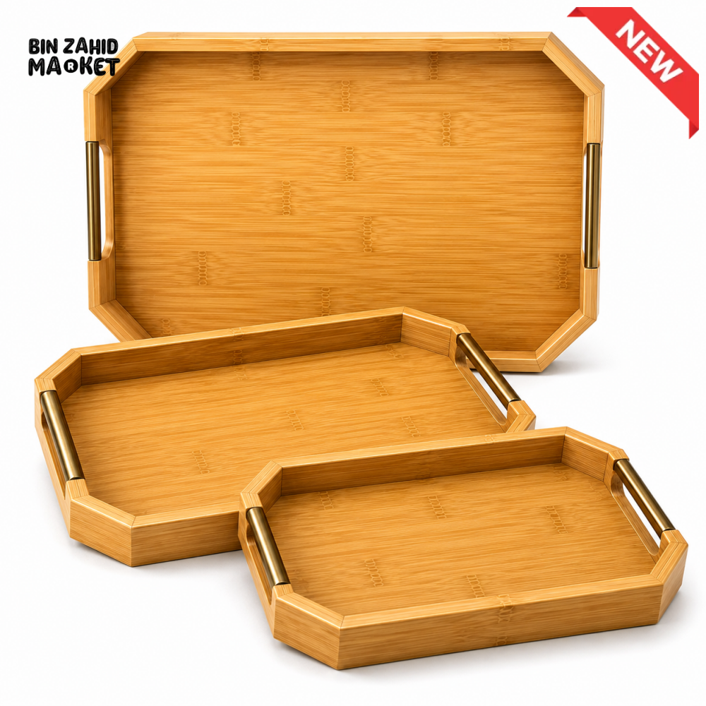 LUXEWOOD OCTAGONAL BAMBOO SERVING TRAY SET WITH METAL HANDLES 3 PIECES