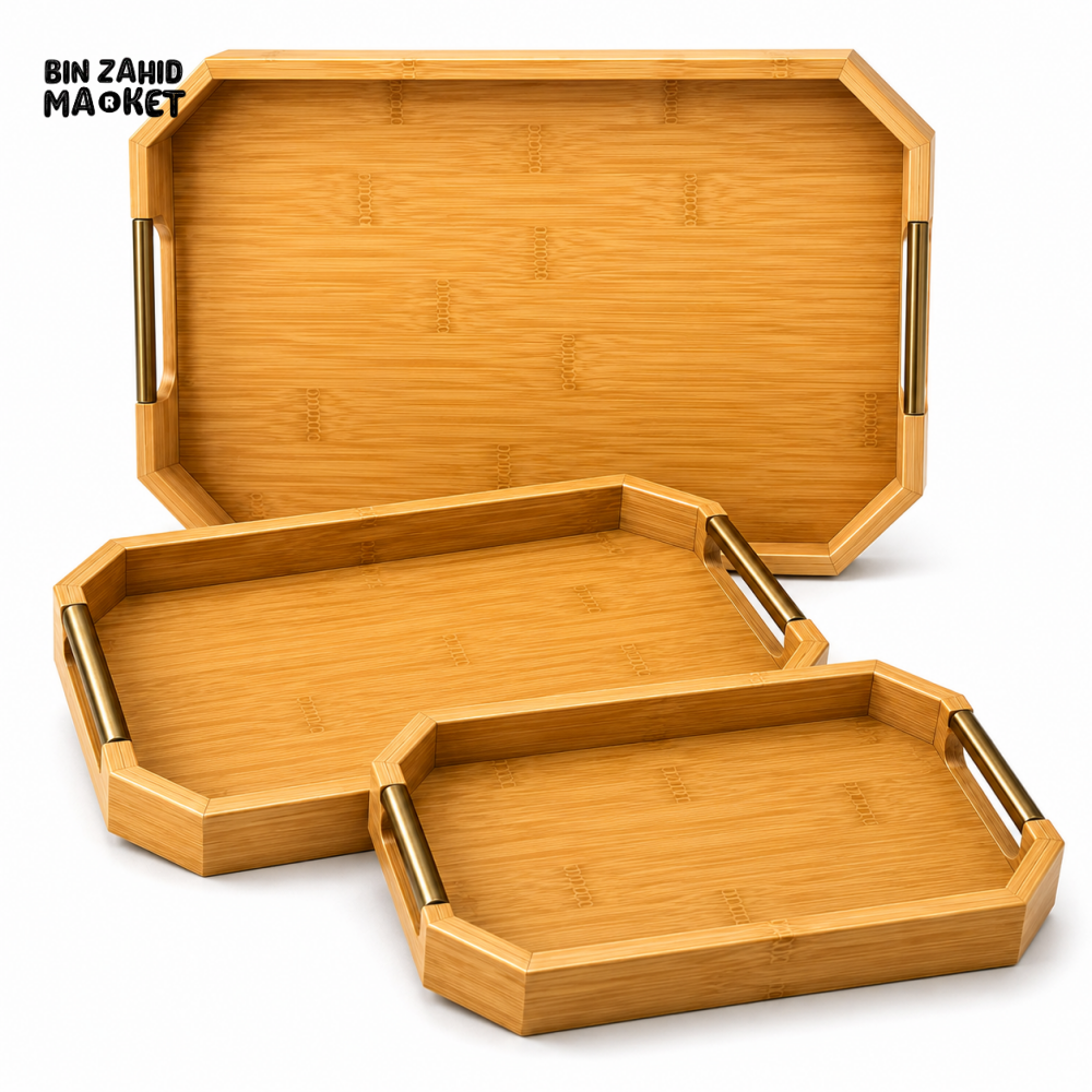 LUXEWOOD OCTAGONAL BAMBOO SERVING TRAY SET WITH METAL HANDLES 3 PIECES