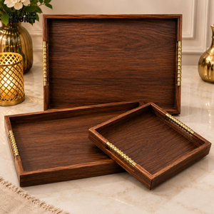 LUXEWOOD PREMIUM 3-PIECE WOODEN SERVING TRAY SET WITH METAL HANDLES - DARK WOOD