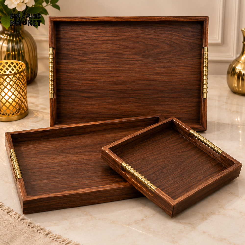 LUXEWOOD PREMIUM 3-PIECE WOODEN SERVING TRAY SET WITH METAL HANDLES - DARK WOOD
