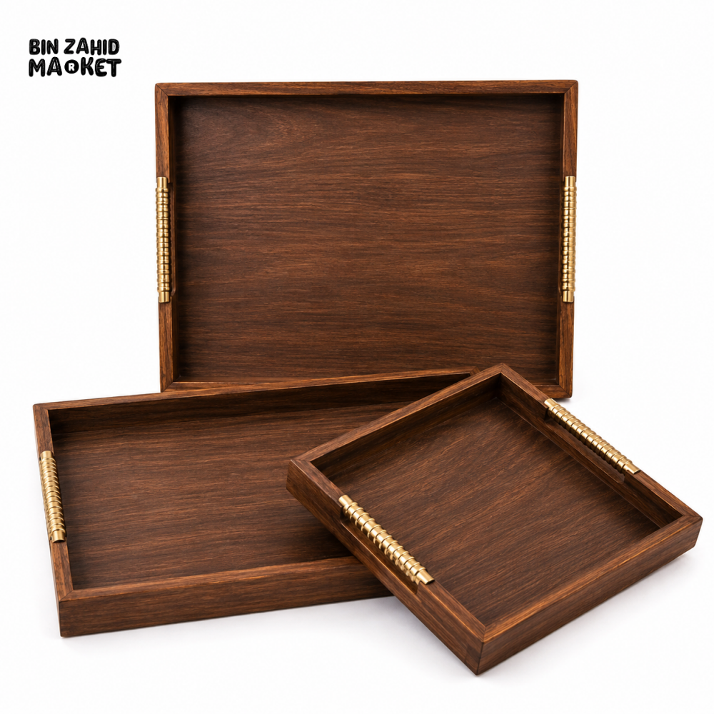 LUXEWOOD PREMIUM 3-PIECE WOODEN SERVING TRAY SET WITH METAL HANDLES - DARK WOOD
