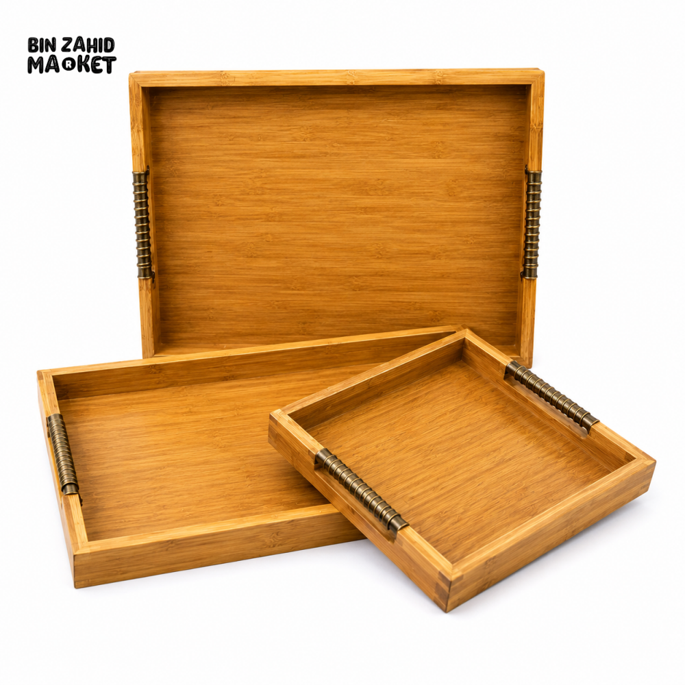 LUXEWOOD PREMIUM 3-PIECE WOODEN SERVING TRAY SET WITH METAL HANDLES - LIGHT WOOD