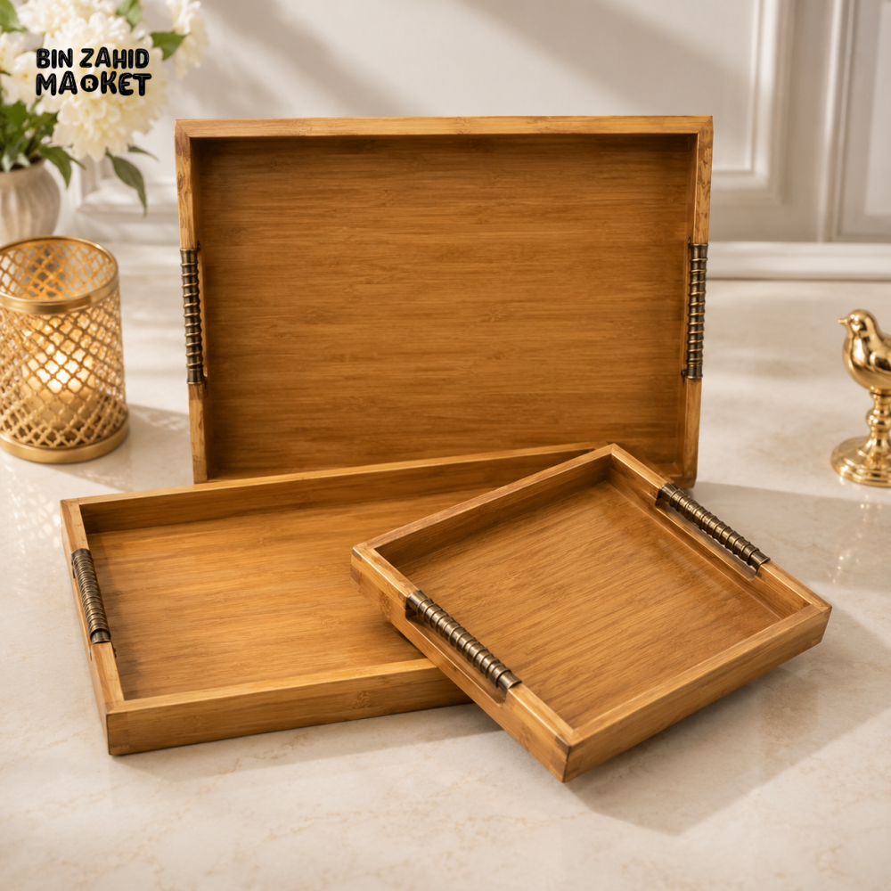 LUXEWOOD PREMIUM 3-PIECE WOODEN SERVING TRAY SET WITH METAL HANDLES - LIGHT WOOD
