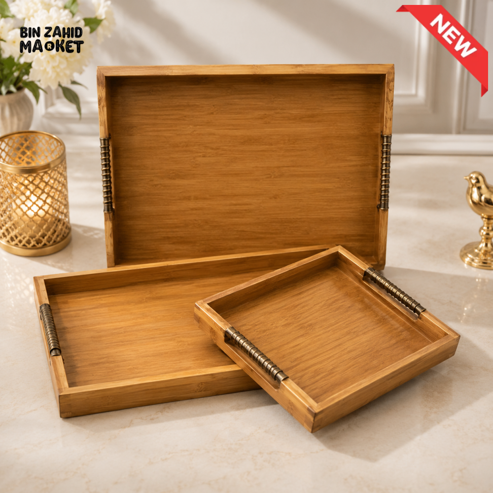 LUXEWOOD PREMIUM 3-PIECE WOODEN SERVING TRAY SET WITH METAL HANDLES - LIGHT WOOD