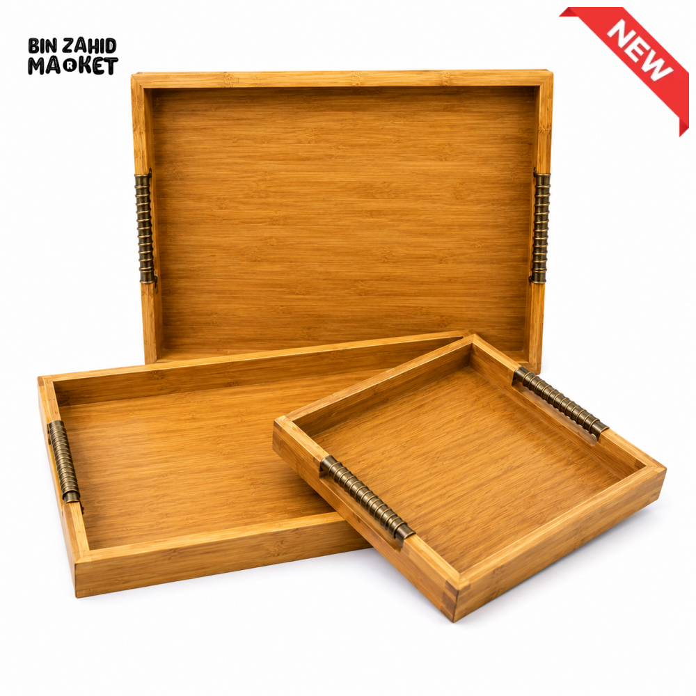 LUXEWOOD PREMIUM 3-PIECE WOODEN SERVING TRAY SET WITH METAL HANDLES - LIGHT WOOD