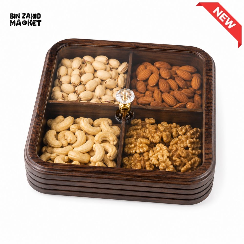 LUXEWOOD PREMIUM 4-PARTITION WOODEN DRY FRUIT & SNACK SERVING BOX
