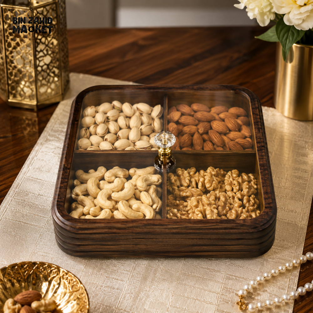 LUXEWOOD PREMIUM 4-PARTITION WOODEN DRY FRUIT & SNACK SERVING BOX