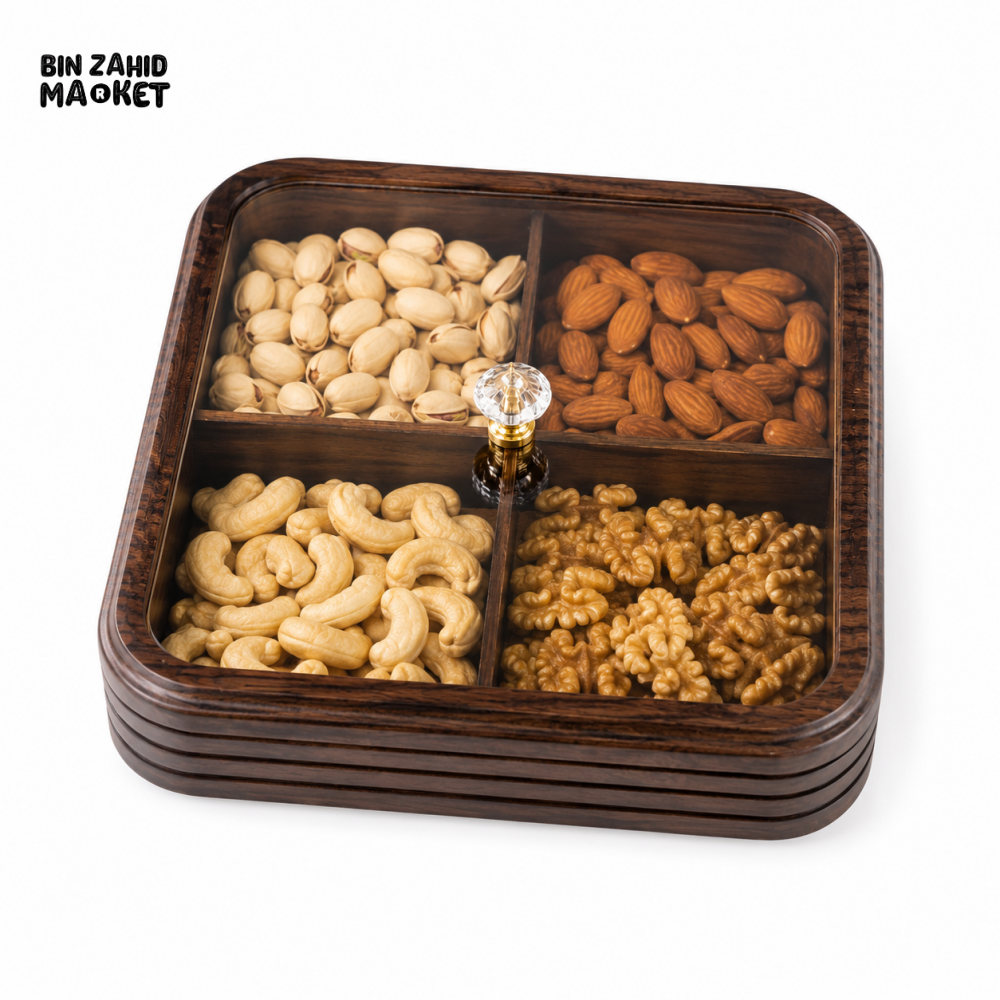 LUXEWOOD PREMIUM 4-PARTITION WOODEN DRY FRUIT & SNACK SERVING BOX