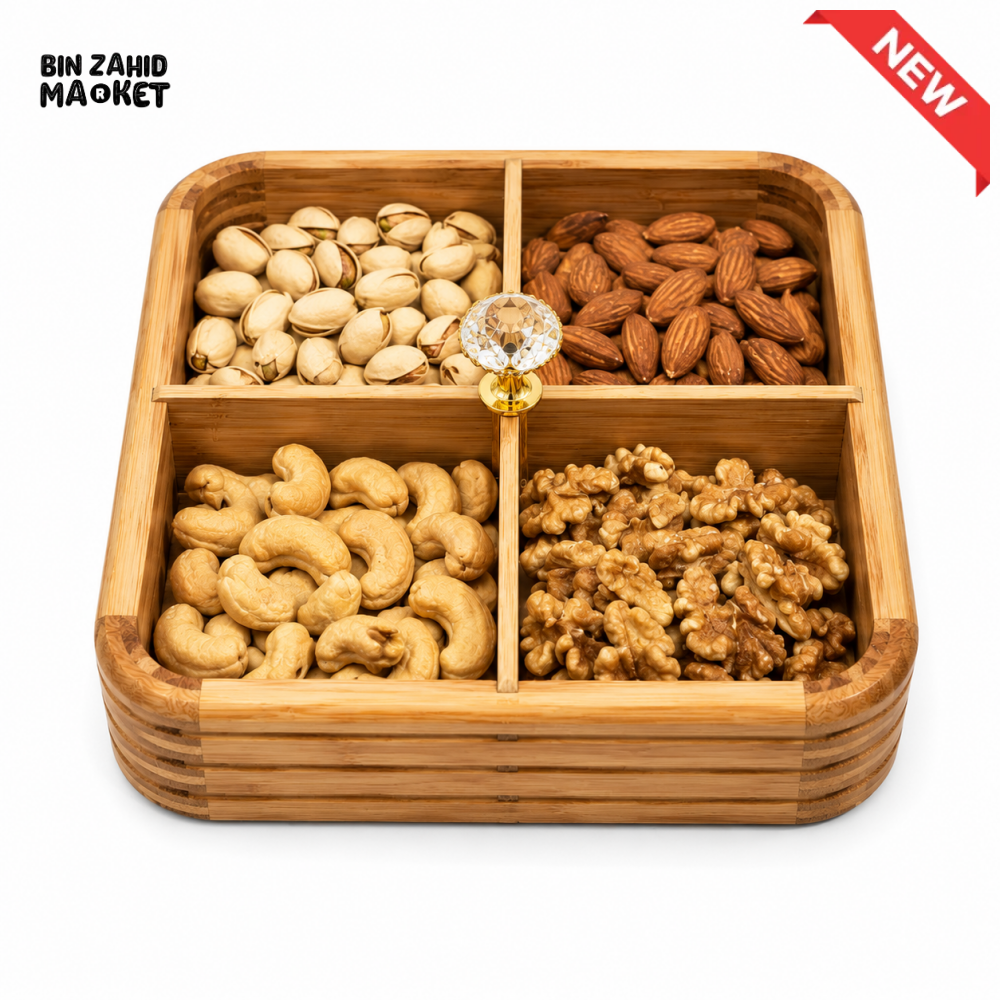 LUXEWOOD PREMIUM 4-PARTITION WOODEN DRY FRUIT & SNACK SERVING BOX - LIGHT BROWN