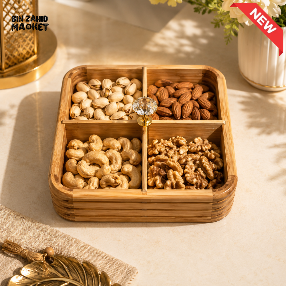 LUXEWOOD PREMIUM 4-PARTITION WOODEN DRY FRUIT & SNACK SERVING BOX - LIGHT BROWN