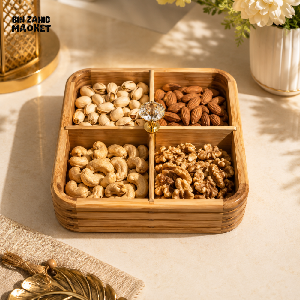 LUXEWOOD PREMIUM 4-PARTITION WOODEN DRY FRUIT & SNACK SERVING BOX - LIGHT BROWN