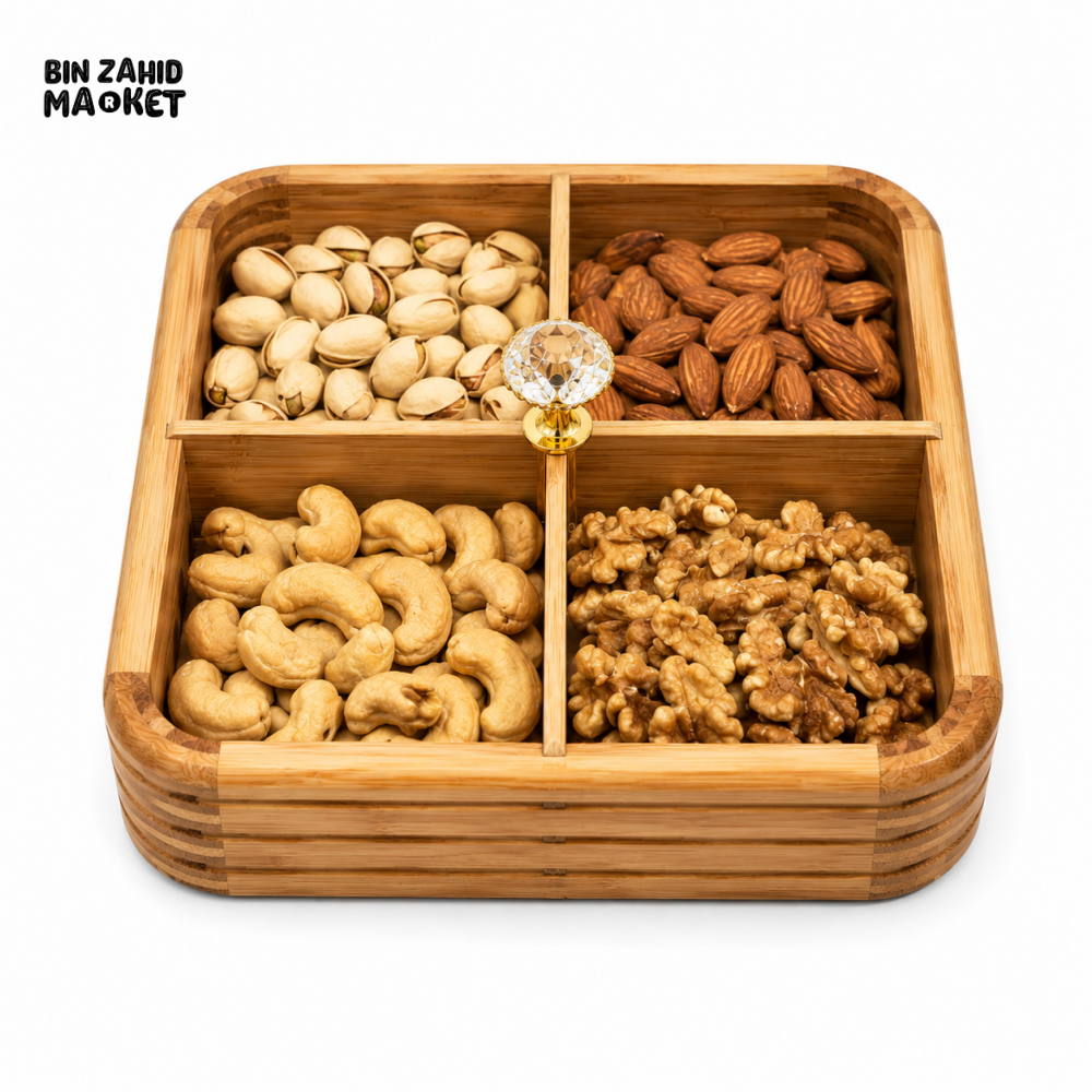 LUXEWOOD PREMIUM 4-PARTITION WOODEN DRY FRUIT & SNACK SERVING BOX - LIGHT BROWN