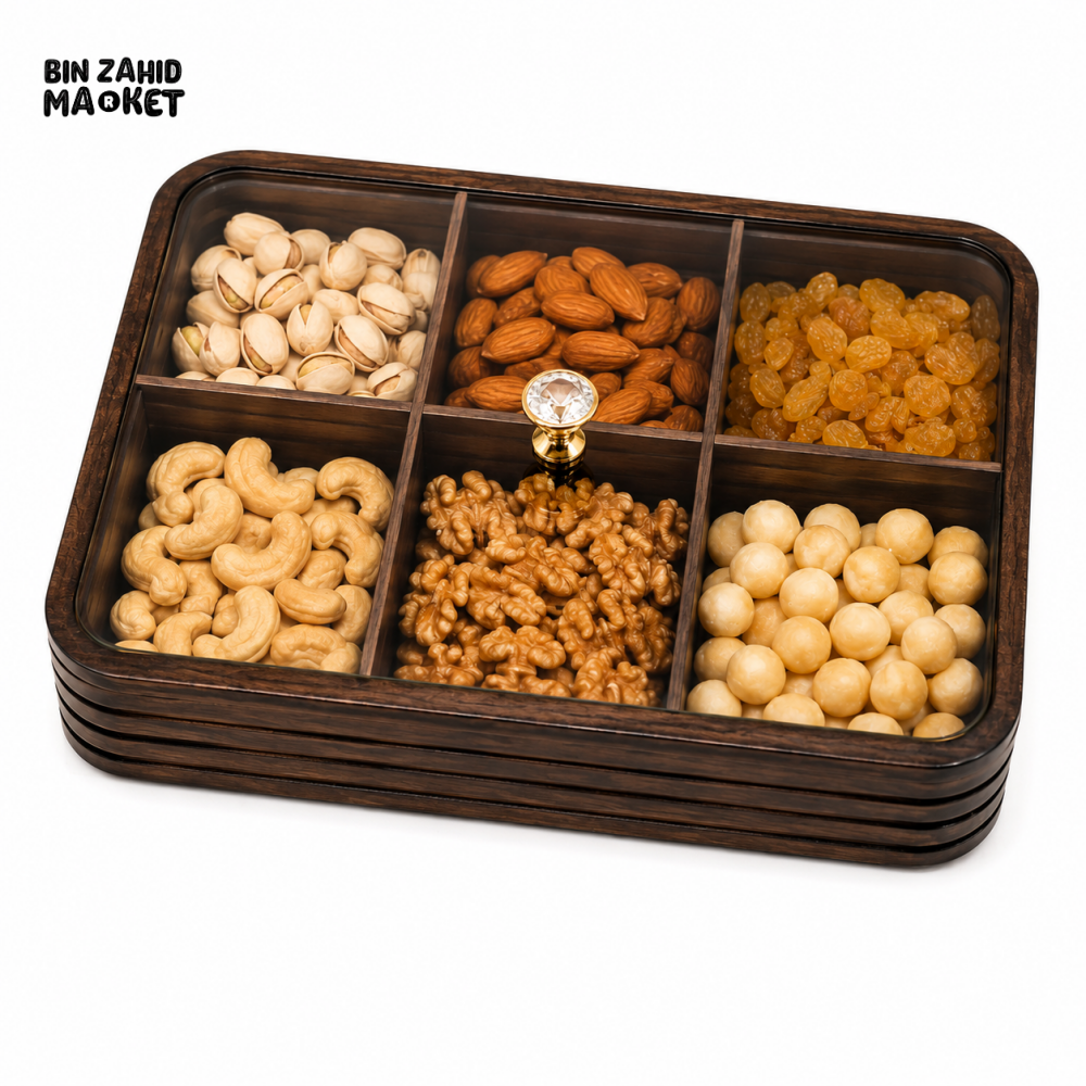 LUXEWOOD PREMIUM 6-PARTITION WOODEN DRY FRUIT & SNACK SERVING BOX - DARK WOOD