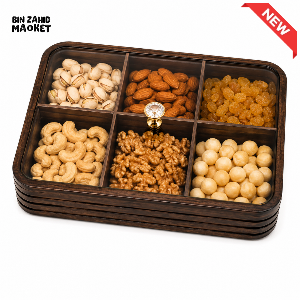 LUXEWOOD PREMIUM 6-PARTITION WOODEN DRY FRUIT & SNACK SERVING BOX - DARK WOOD