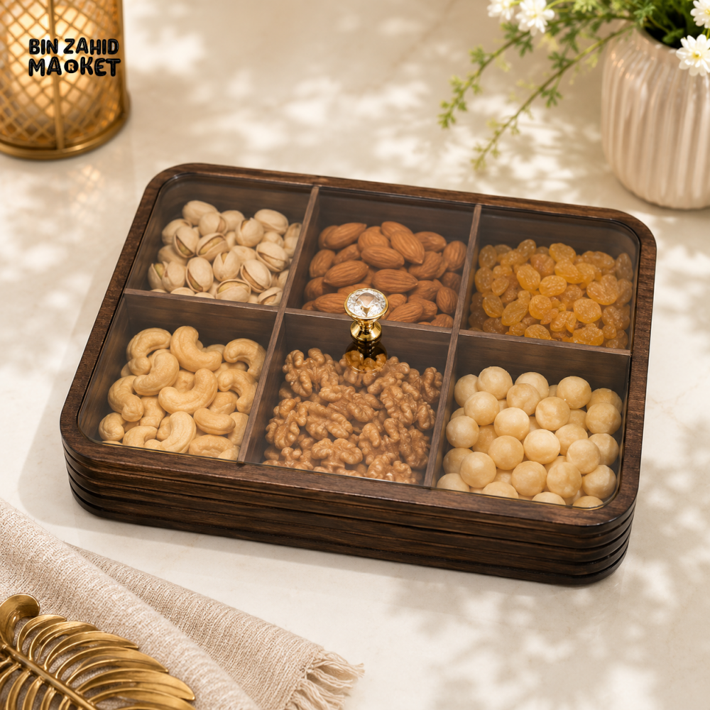 LUXEWOOD PREMIUM 6-PARTITION WOODEN DRY FRUIT & SNACK SERVING BOX - DARK WOOD