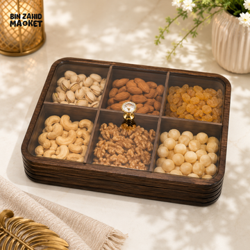 LUXEWOOD PREMIUM 6-PARTITION WOODEN DRY FRUIT & SNACK SERVING BOX - DARK WOOD