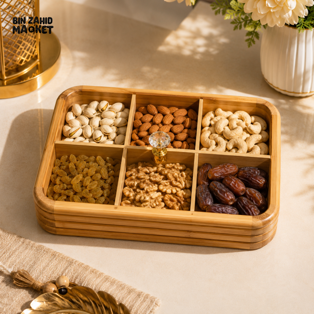 LUXEWOOD PREMIUM 6-PARTITION WOODEN DRY FRUIT & SNACK SERVING BOX - LIGHT BROWN