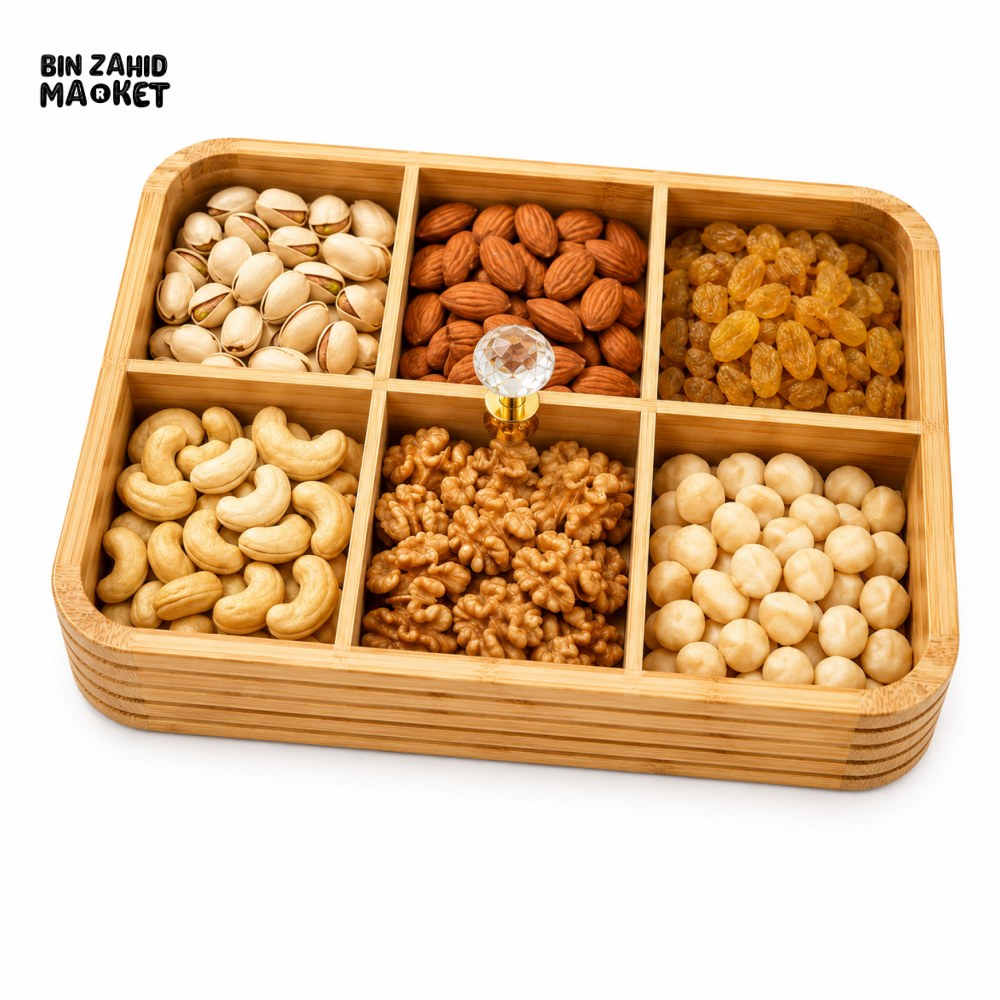 LUXEWOOD PREMIUM 6-PARTITION WOODEN DRY FRUIT & SNACK SERVING BOX - LIGHT BROWN