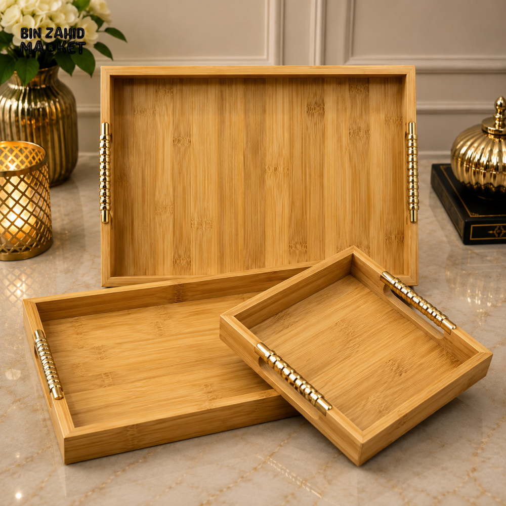 LUXEWOOD PREMIUM BAMBOO SERVING TRAY SET WITH GOLD METAL HANDLES - 3 PIECES