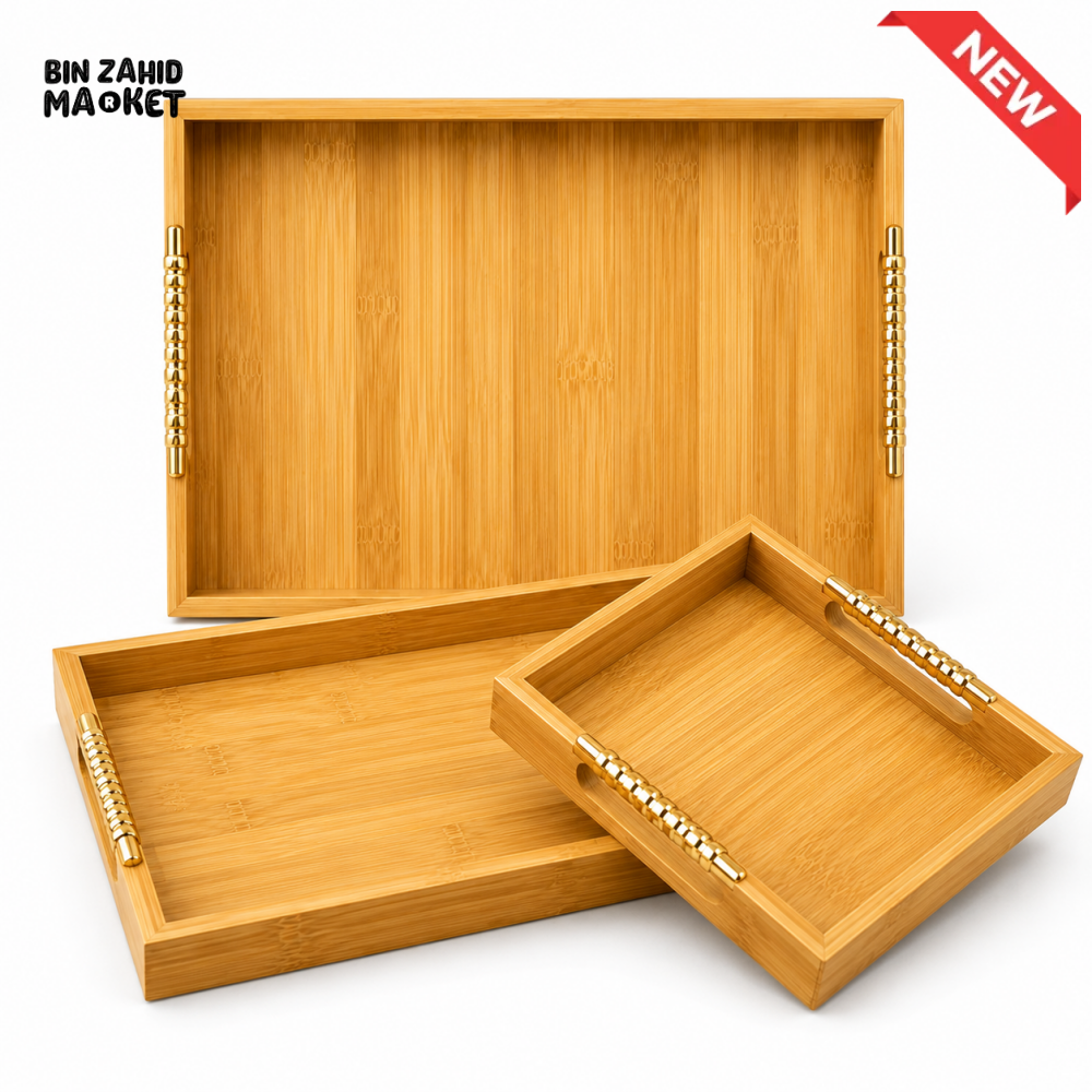 LUXEWOOD PREMIUM BAMBOO SERVING TRAY SET WITH GOLD METAL HANDLES - 3 PIECES