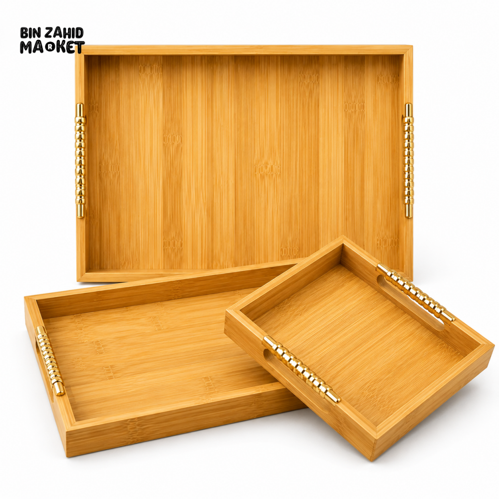 LUXEWOOD PREMIUM BAMBOO SERVING TRAY SET WITH GOLD METAL HANDLES - 3 PIECES