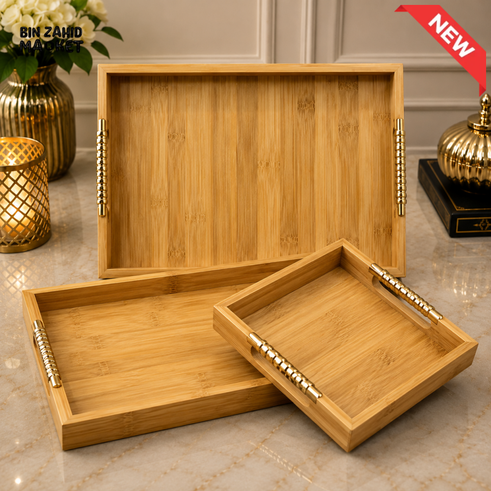 LUXEWOOD PREMIUM BAMBOO SERVING TRAY SET WITH GOLD METAL HANDLES - 3 PIECES