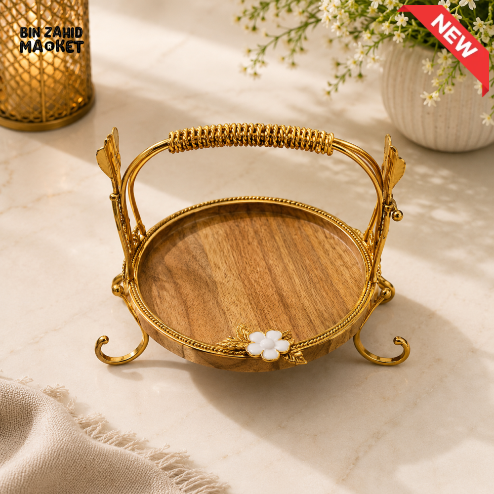 LUXEWOOD PREMIUM ROUND WOODEN SERVING PLATTER WITH GOLD HANDLE - SMALL