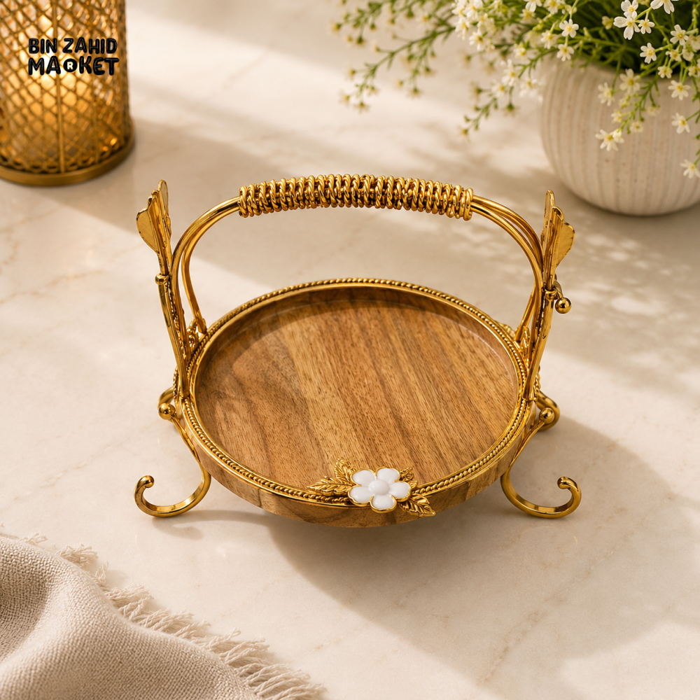 LUXEWOOD PREMIUM ROUND WOODEN SERVING PLATTER WITH GOLD HANDLE - SMALL