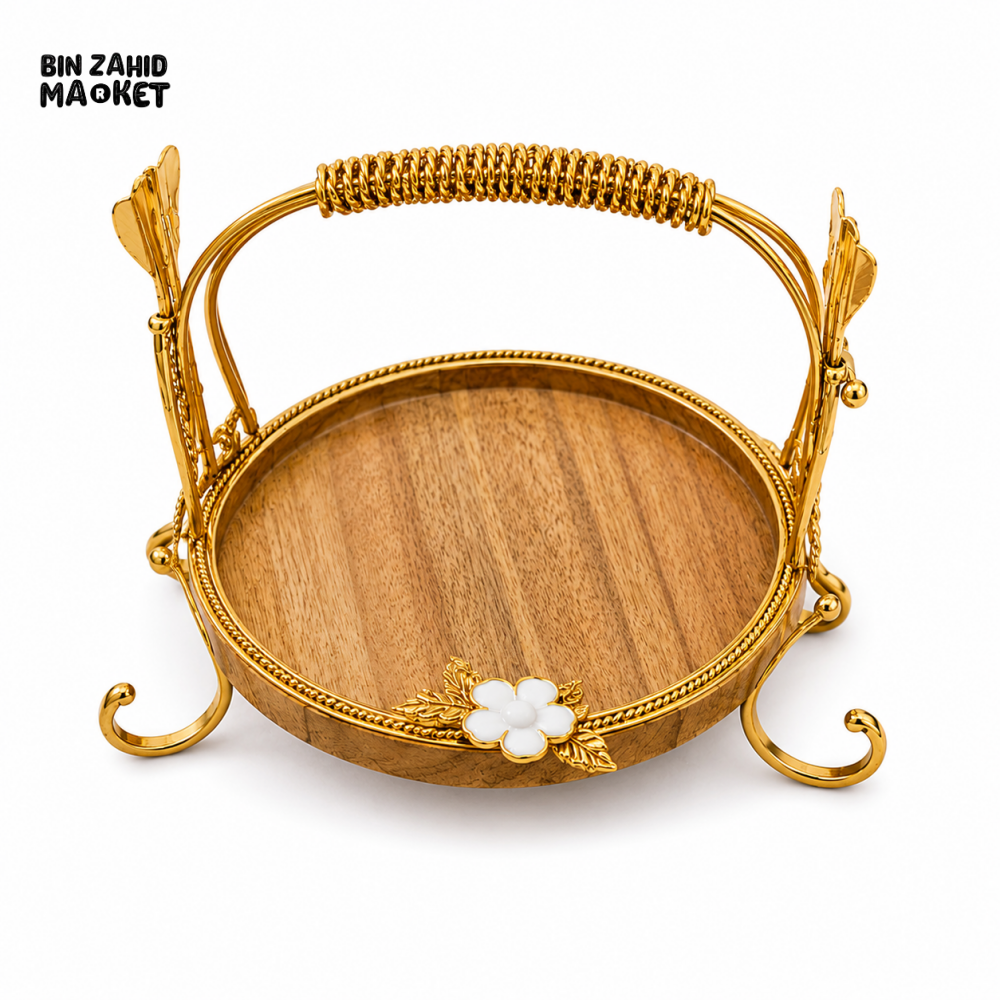 LUXEWOOD PREMIUM ROUND WOODEN SERVING PLATTER WITH GOLD HANDLE - SMALL