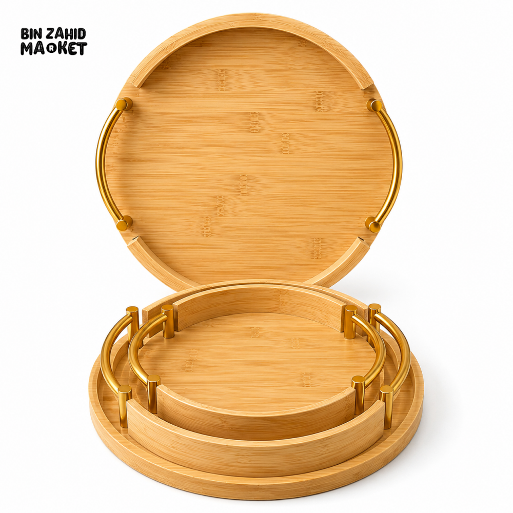 LUXEWOOD ROUND BAMBOO SERVING TRAY SET WITH GOLD METAL HANDLES - 3 PIECES