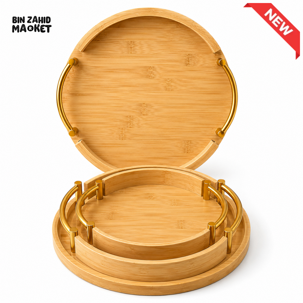 LUXEWOOD ROUND BAMBOO SERVING TRAY SET WITH GOLD METAL HANDLES - 3 PIECES