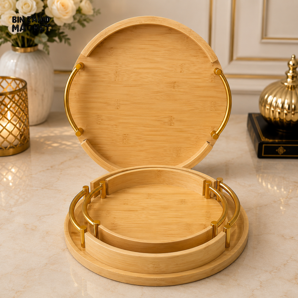 LUXEWOOD ROUND BAMBOO SERVING TRAY SET WITH GOLD METAL HANDLES - 3 PIECES