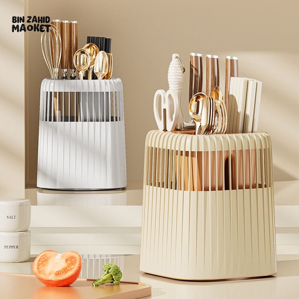 LUXOMOVE KITCHEN ROTATING KNIFE RACK – MULTIFUNCTIONAL STORAGE TUBE FOR KNIVES SPOONS & CHOPSTICKS COUNTERTOP ORGANIZER