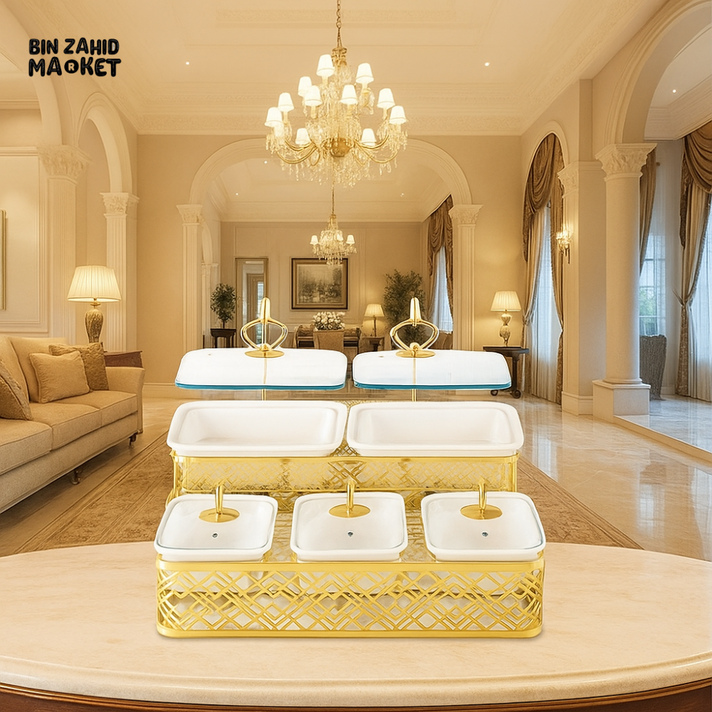 LUXOR 5-PORTION BUFFET SERVING DISH WITH GOLDEN STAND & CANDLE HOLDER – LUXURY FOOD WARMER SET