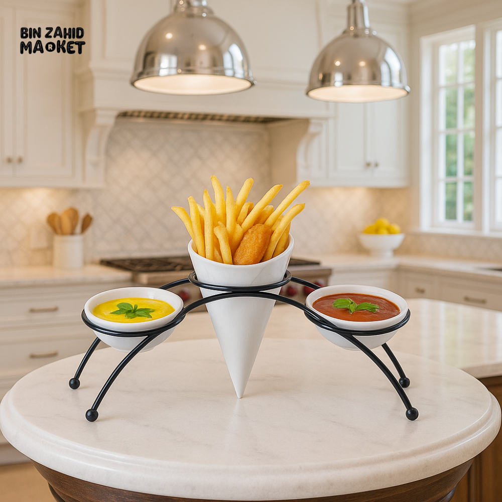LUXOR FRIES & SAUCE HOLDER – MODERN CONE STAND FOR SNACKS & DIPS