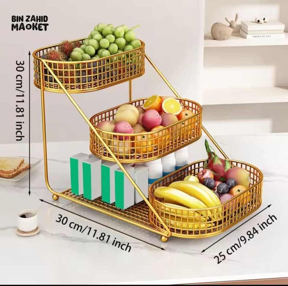 LUXORMOVE 3-TIER FRUIT & SNACK BASKET – MODERN GOLD WIRE STAND